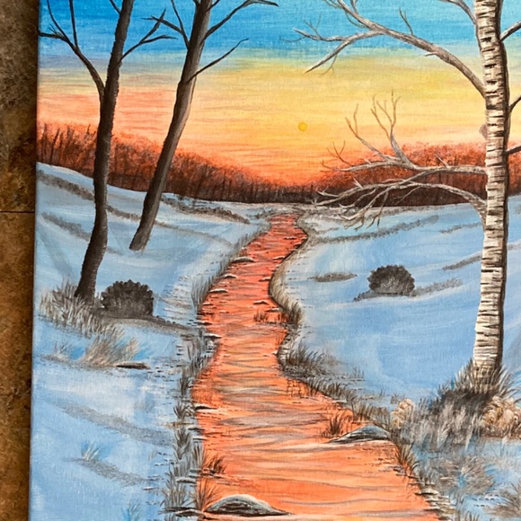 Winter Sunset Acrylic Painting on 14X14” stretched canvas - Picture 2 of 6
